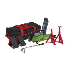 Sealey Low Entry Short Chassis Trolley Jack & Accessories Bag Combo, 2 Tonne - Green (1020LEHVBAGCOMBO)