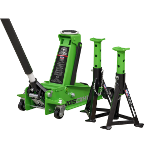 Sealey Trolley Jack with Super Rocket Lift 3 Tonne & Axle Stands (Pair) 3 Tonne Capacity per Stand - Green (3015CXHV)