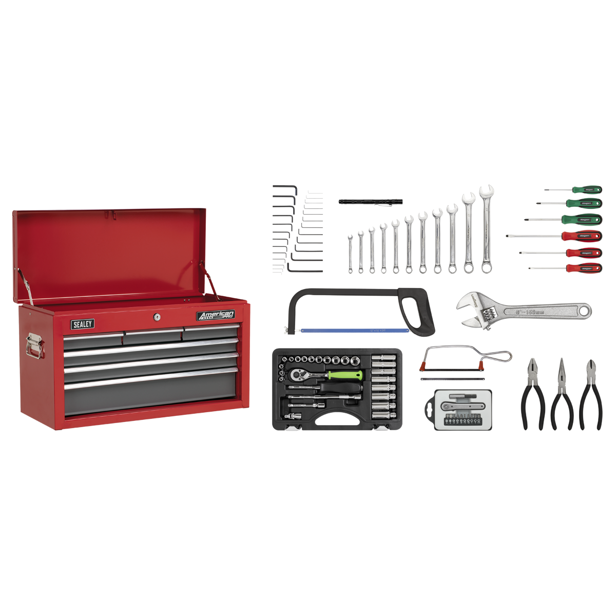 Sealey American PRO® Topchest 6 Drawer with 98pc Tool Kit - Red/Grey (AP2201BBCOMBO)