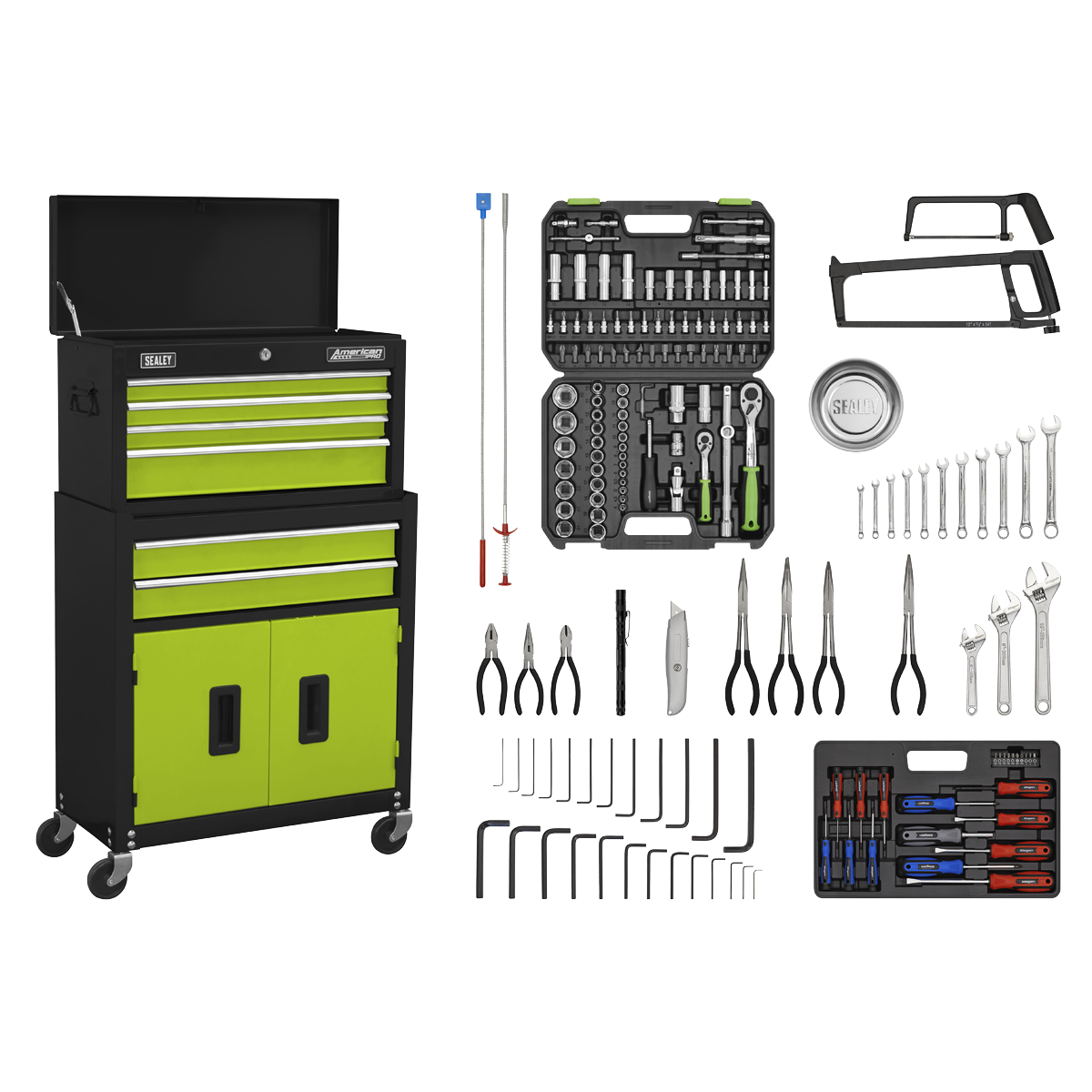 American PRO® Topchest & Rollcab Combination 6 Drawer with 170pc Tool Kit - Green/Black