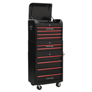 Sealey Premier™ Retro Style Topchest, Mid-Box Tool Chest & Rollcab Combination 10 Drawer - Black with Red Anodised Drawer Pulls (AP28COMBO2BR)