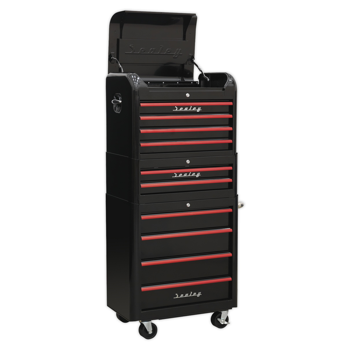Sealey Premier™ Retro Style Topchest, Mid-Box Tool Chest & Rollcab Combination 10 Drawer - Black with Red Anodised Drawer Pulls (AP28COMBO2BR)