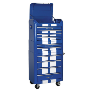 Sealey Premier™ Retro Style Topchest, Mid-Box Tool Chest & Rollcab Combination 10 Drawer - Blue with White Stripes (AP28COMBO2BWS)