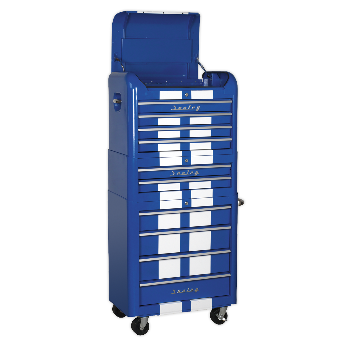 Sealey Premier™ Retro Style Topchest, Mid-Box Tool Chest & Rollcab Combination 10 Drawer - Blue with White Stripes (AP28COMBO2BWS)