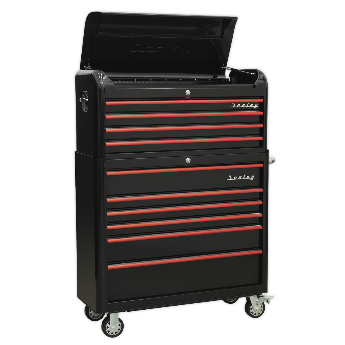 Sealey Premier™ Retro Style Wide Topchest & Rollcab Combination 10 Drawer - Black with Red Anodised Drawer Pulls (AP41COMBOBR)