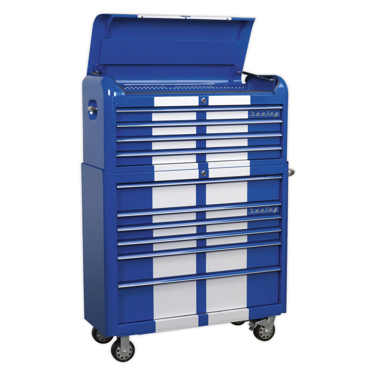 Sealey Premier™ Retro Style Wide Topchest & Rollcab Combination 10 Drawer Blue with White Stripes (AP41COMBOBWS)
