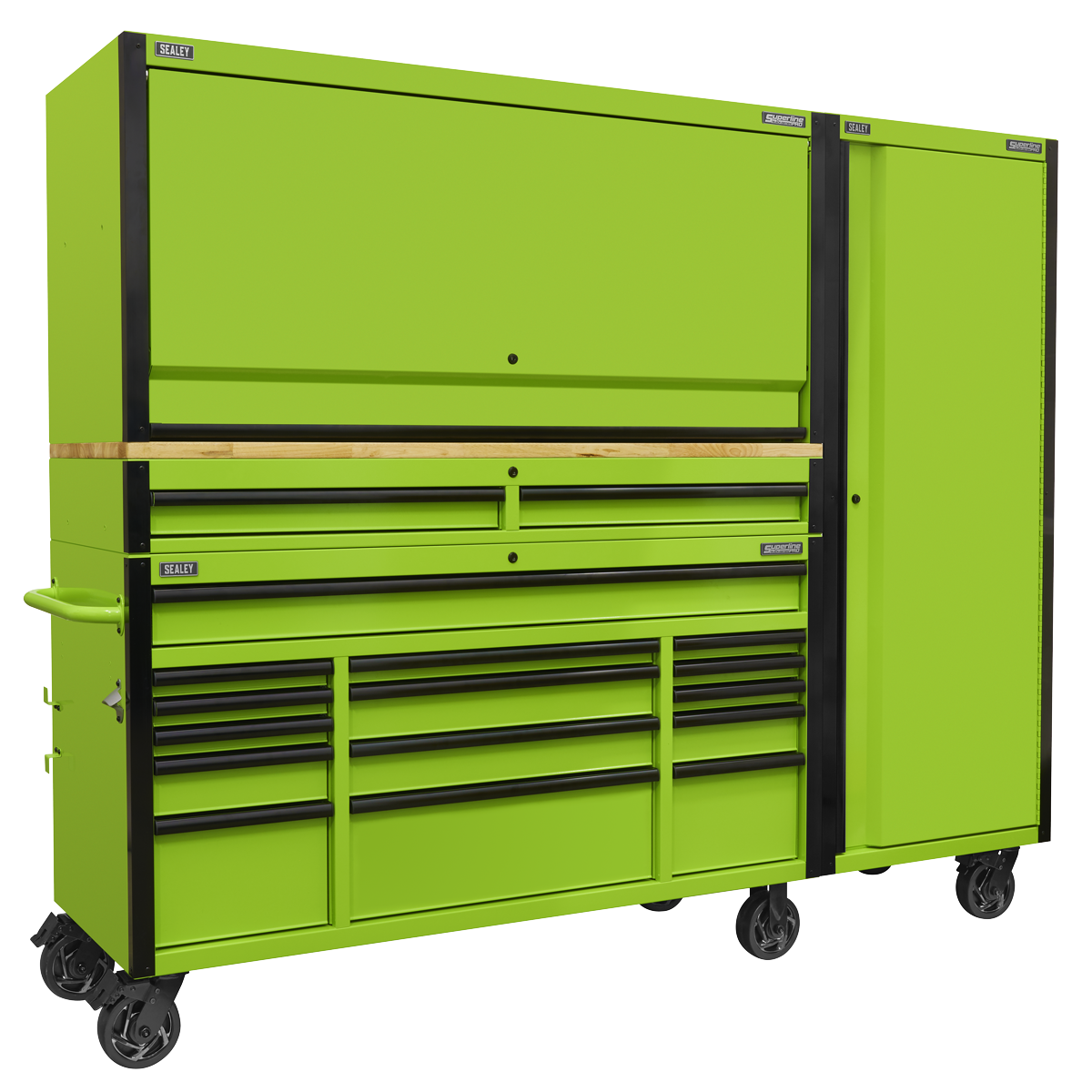 Sealey Superline PRO® Black Edition Mobile Trolley with Wooden Worktop, Hutch, 2 Drawer Riser & Side Locker 15 Drawer 1549mm (AP6115BECOMBO2)