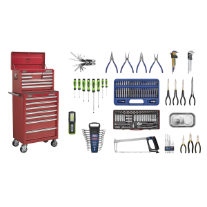 Sealey Superline PRO® Topchest & Rollcab Combination 15 Drawer with 148pc Tool Kit - Red (APCOMBOBBTK57)