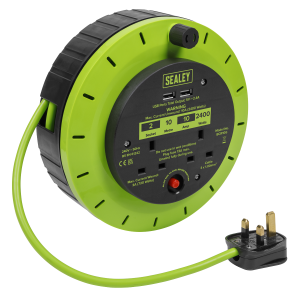 Sealey 10m Cassette Type Cable Reel with Thermal Trip 2 x 230V & 2 x USB - Hi-Vis Green (BCR10G)