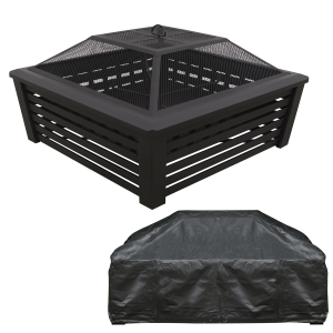 Sealey Dellonda 89cm Square Outdoor Fire Pit, Mesh Screen Lid, Black with Water-Resistant Drawstring Cover (DG238)