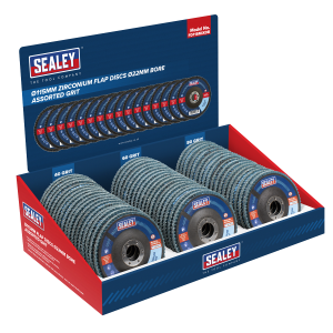 Sealey Assorted Grit Flap Discs Zirconium Ø115mm Ø22mm Bore - Display Box of 60 (FD115MIXDB)