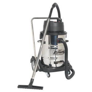 Sealey Industrial Vacuum Cleaner Wet & Dry Stainless Steel Drum with Swivel Emptying 77L 2400W (PC477)
