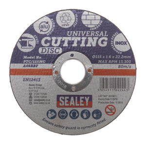 Sealey 115 x 1.6mm Universal Cutting Disc 22mm Bore (PTC/115MC)