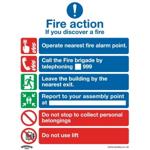 Sealey Worksafe® Fire Action With Lift Safety Sign - Self-Adhesive Vinyl (SS19V1)