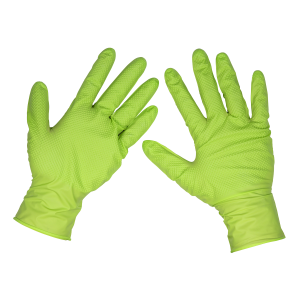 Sealey Diamond Grip Extra-Thick Nitrile Powder-Free Gloves, Hi-Vis Green, X-Large - Pack of 50 (SSP54XL)