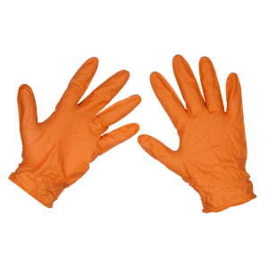 Sealey Diamond Grip Extra-Thick Nitrile Powder-Free Gloves, Orange, Large - Pack of 50 (SSP56L)
