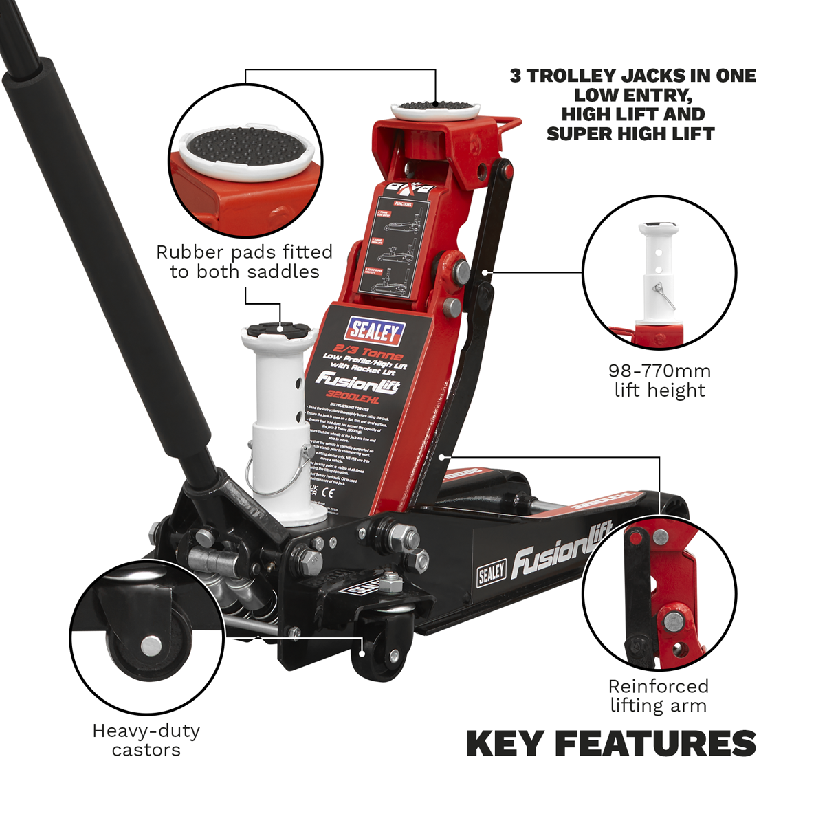Sealey Low Profile High Lift Trolley Jack with Rocket Lift 2/3 Tonne (3200LEHL) - Image 21