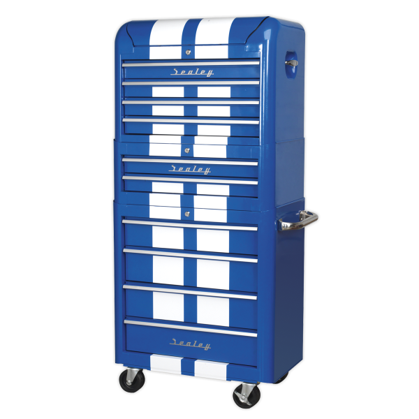 Sealey Premier™ Retro Style Topchest, Mid-Box Tool Chest & Rollcab Combination 10 Drawer - Blue with White Stripes (AP28COMBO2BWS) - Image 10