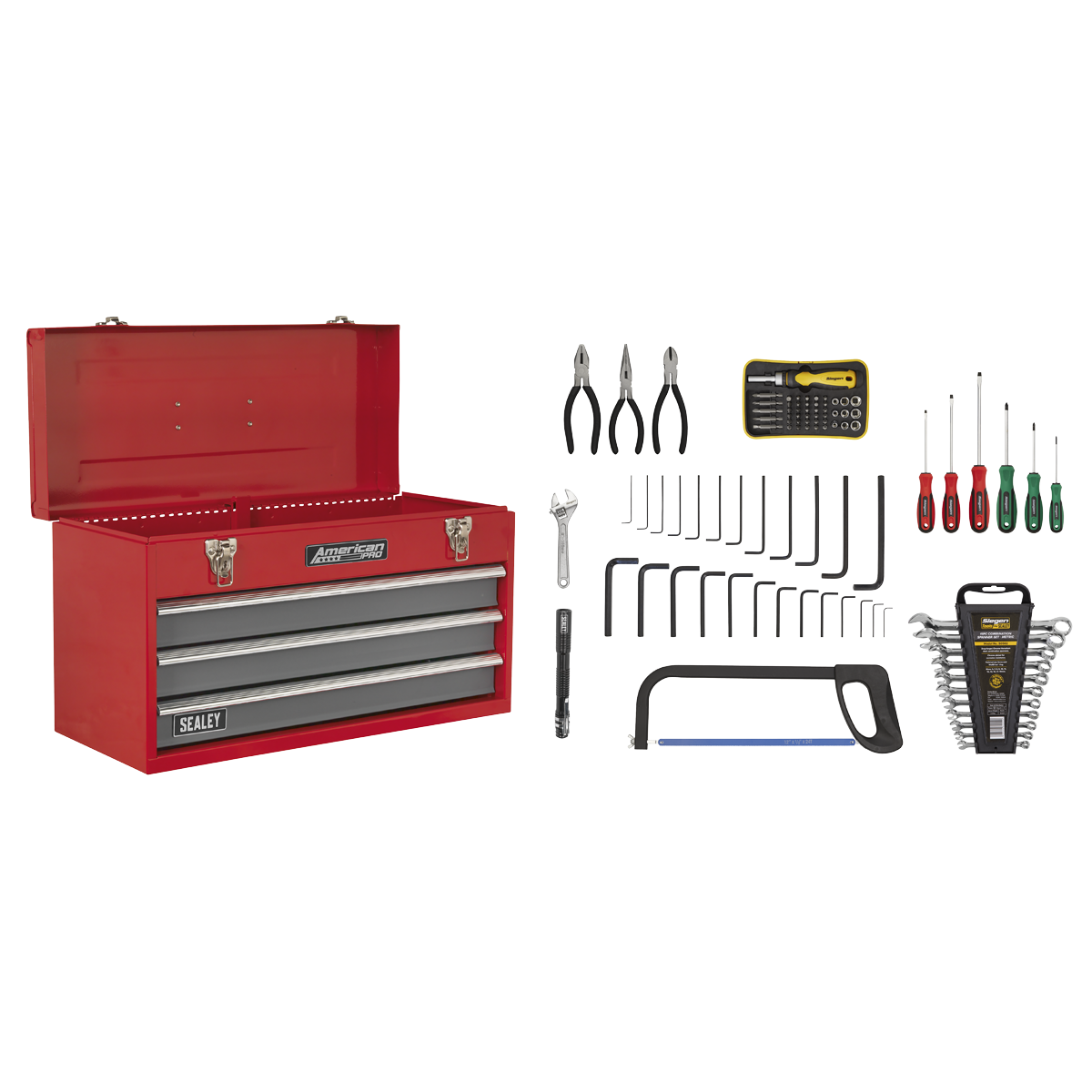 Sealey American PRO® Tool Chest 3 Drawer with 93pc Tool Kit - Red/Grey (AP9243BBCOMBO) - Image 8