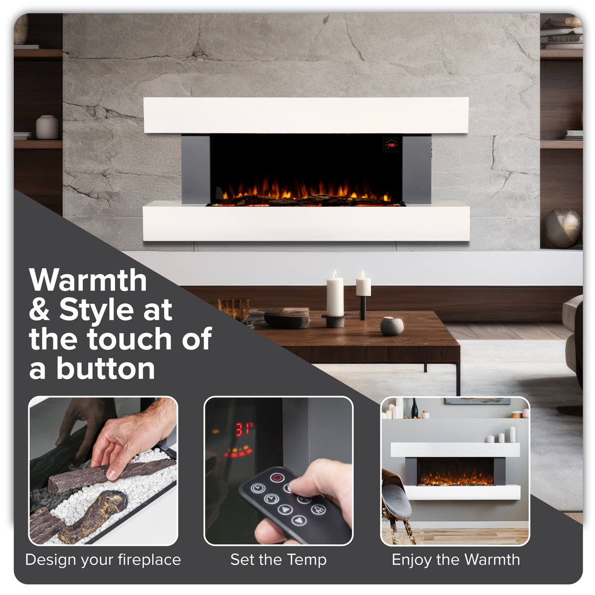 Sealey Baridi Wall Mounting Electric Fireplace with LED Flame Effect 52" - Grey (DH112)