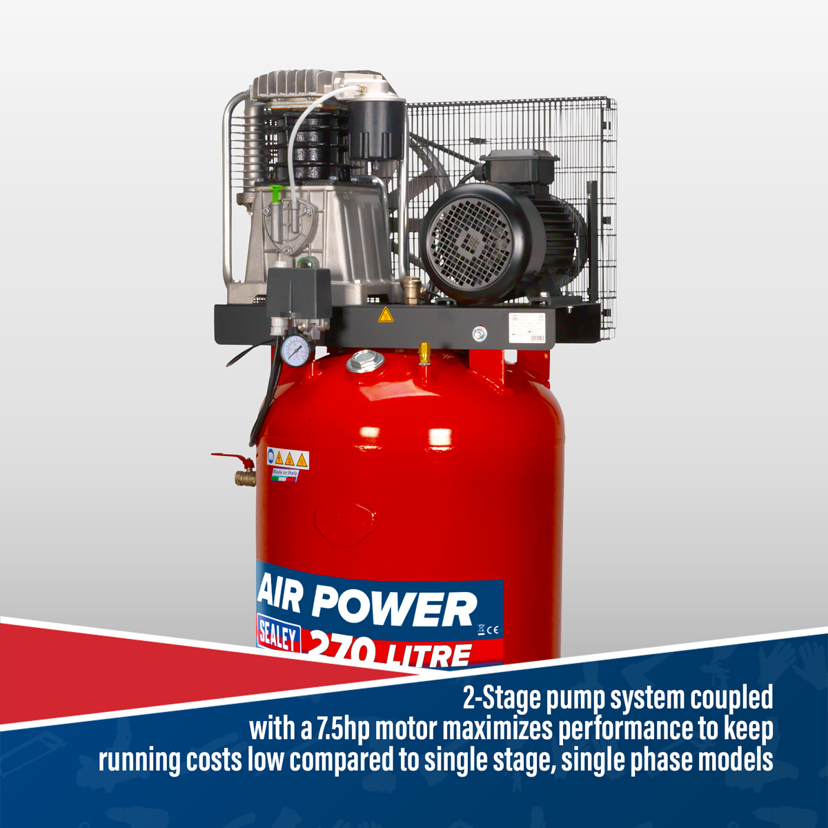 Sealey 270L Vertical Belt Drive Air Compressor with Cast Cylinders 7.5hp 2-Stage (SACV52775B) - Image 6