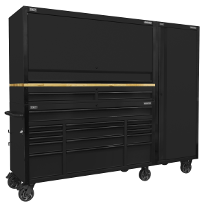 Sealey Superline PRO® Black Edition Mobile Trolley with Wooden Worktop 15 Drawer, Hutch, 2 Drawer Riser & Side Locker 1549mm (AP6215BECOMBO2)
