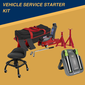 Sealey Vehicle Service Starter Kit (Trolley Jack with Accessories, Creeper Stool, Floodlight, Inspection Light)