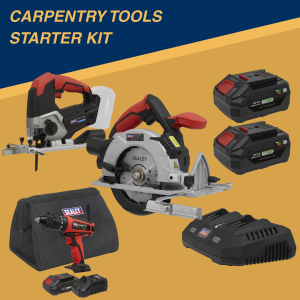 Sealey Cordless Carpentry Tools Starter Kit (Drill, Jigsaw, Circular Saw, Spare Batteries, Battery Charger)