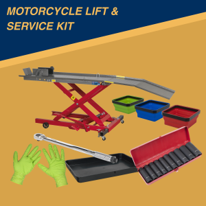 Sealey 365kg Capacity Motorcycle Lift and Service Kit (Motorcycle Lift, Torque Wrench, Impact Socket Set, Parts Tray, Drip Tray, Gloves)