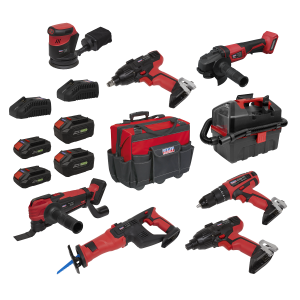 Sealey 8 x SV20 Series Cordless Power Tool Kit 20V Euro Plug - 4 Batteries (CP20VCOMBO4EU)